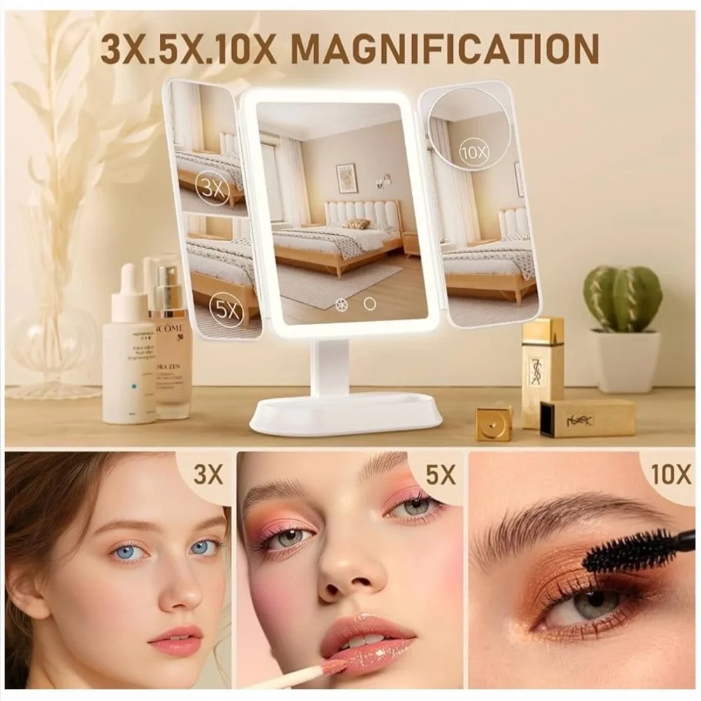 NIB Franco Vanity Tri-Fold LED Makeup Mirror with Magnification